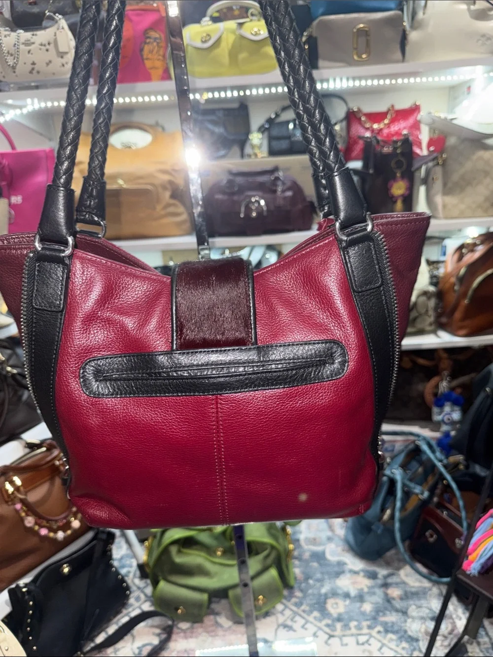 Brighton Rare Vintage Red Burgundy Leather Shoulder Bag with Black handles